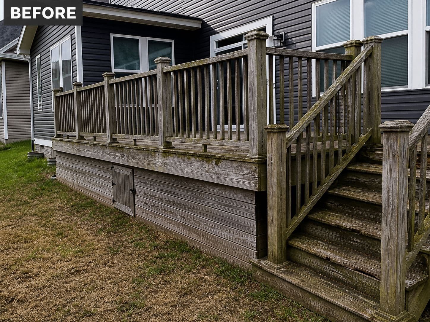 Weathered gray wood deck with vertical pickets before renovation in Manassas VA