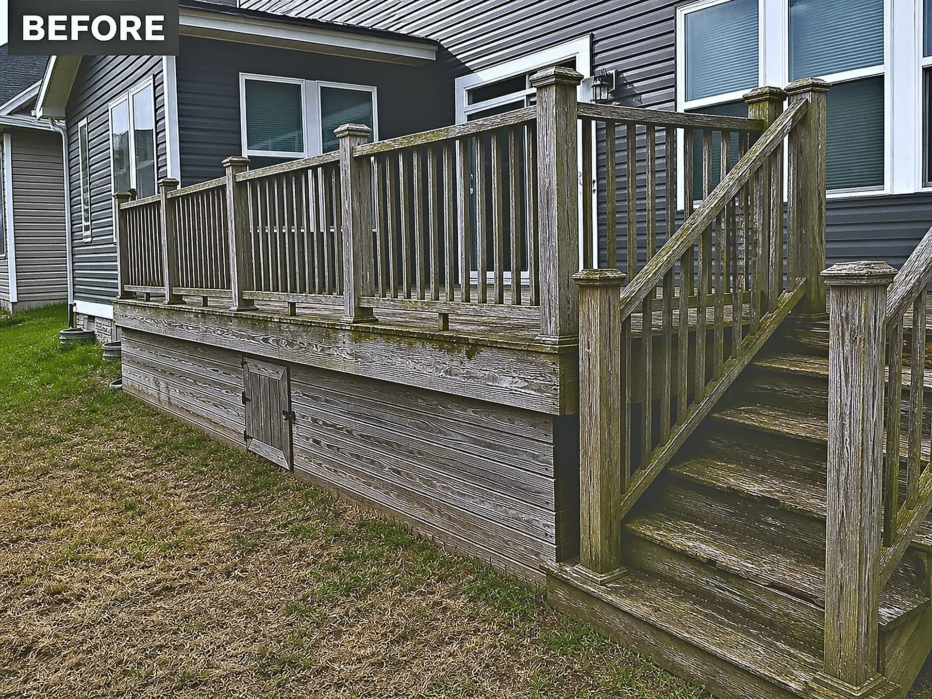 Weathered gray wood deck with vertical pickets before renovation in Manassas VA