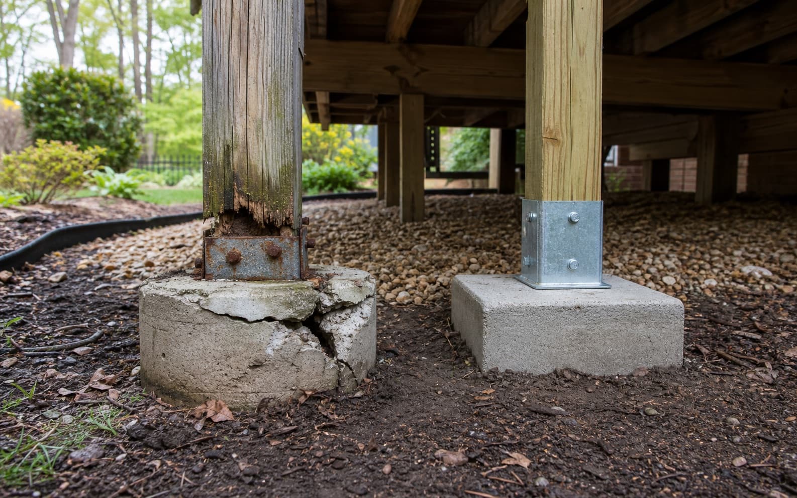 Deck post and footing comparison showing older moisture-damaged support versus a properly elevated post base.
