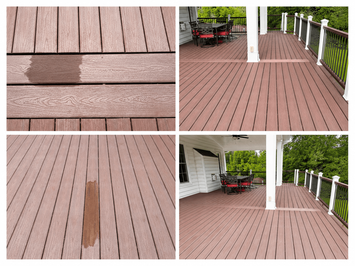 Field photos of composite deck sun fading, test treatment, and covered versus exposed board color contrast