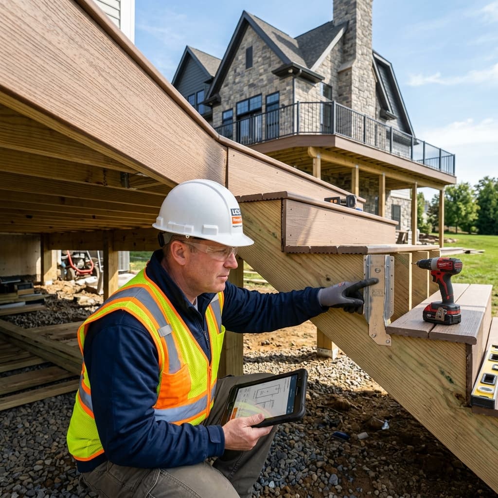 Professional Loudoun County building inspector checking deck joists and structural hangers