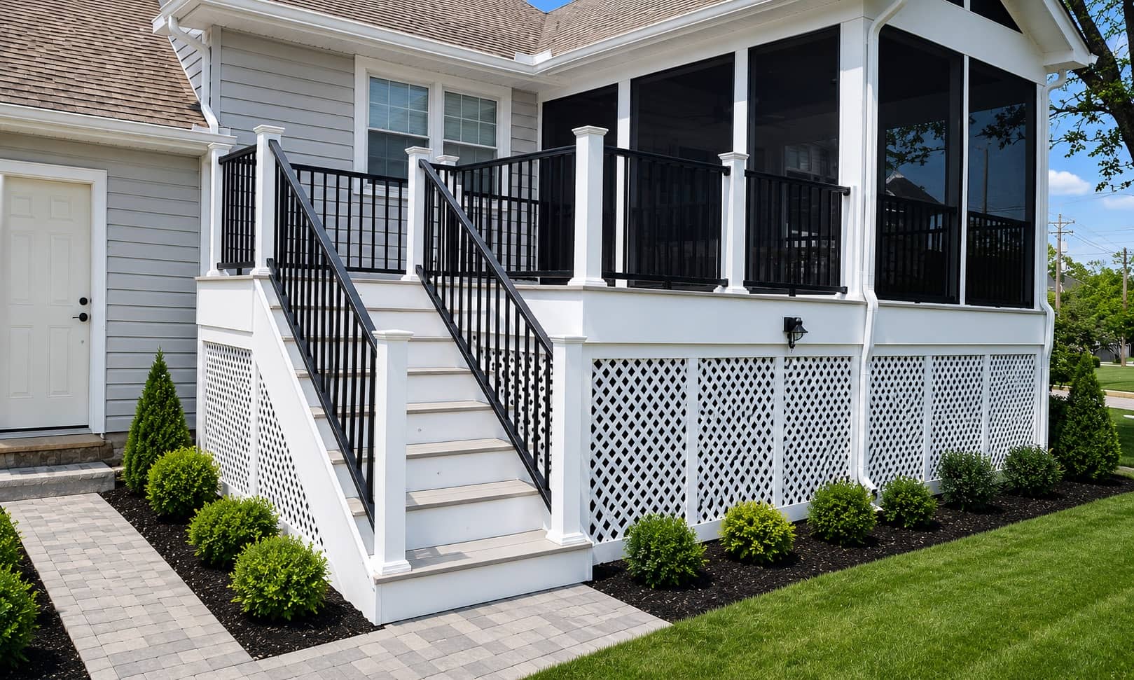 Composite deck resurfacing with white stairs, lattice skirting, and black railings in Northern Virginia
