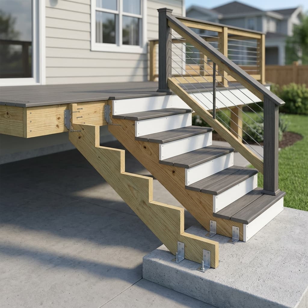 Deck Stair Construction Diagram: Stringers, Treads, Risers and Hardware Explained