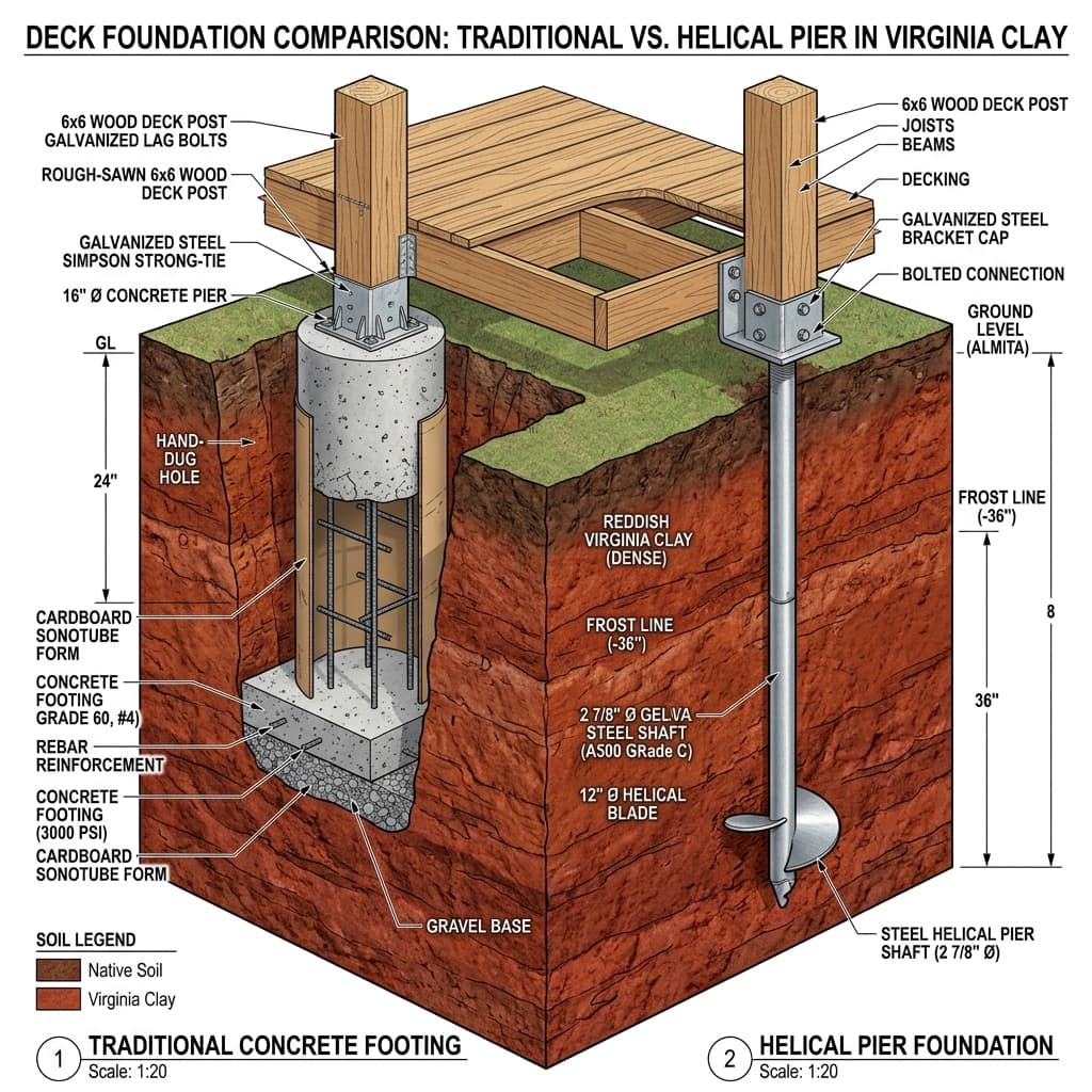 Helical Piers vs. Concrete Footings: Sizing, Excavation, and Structural Support for Virginia Clay