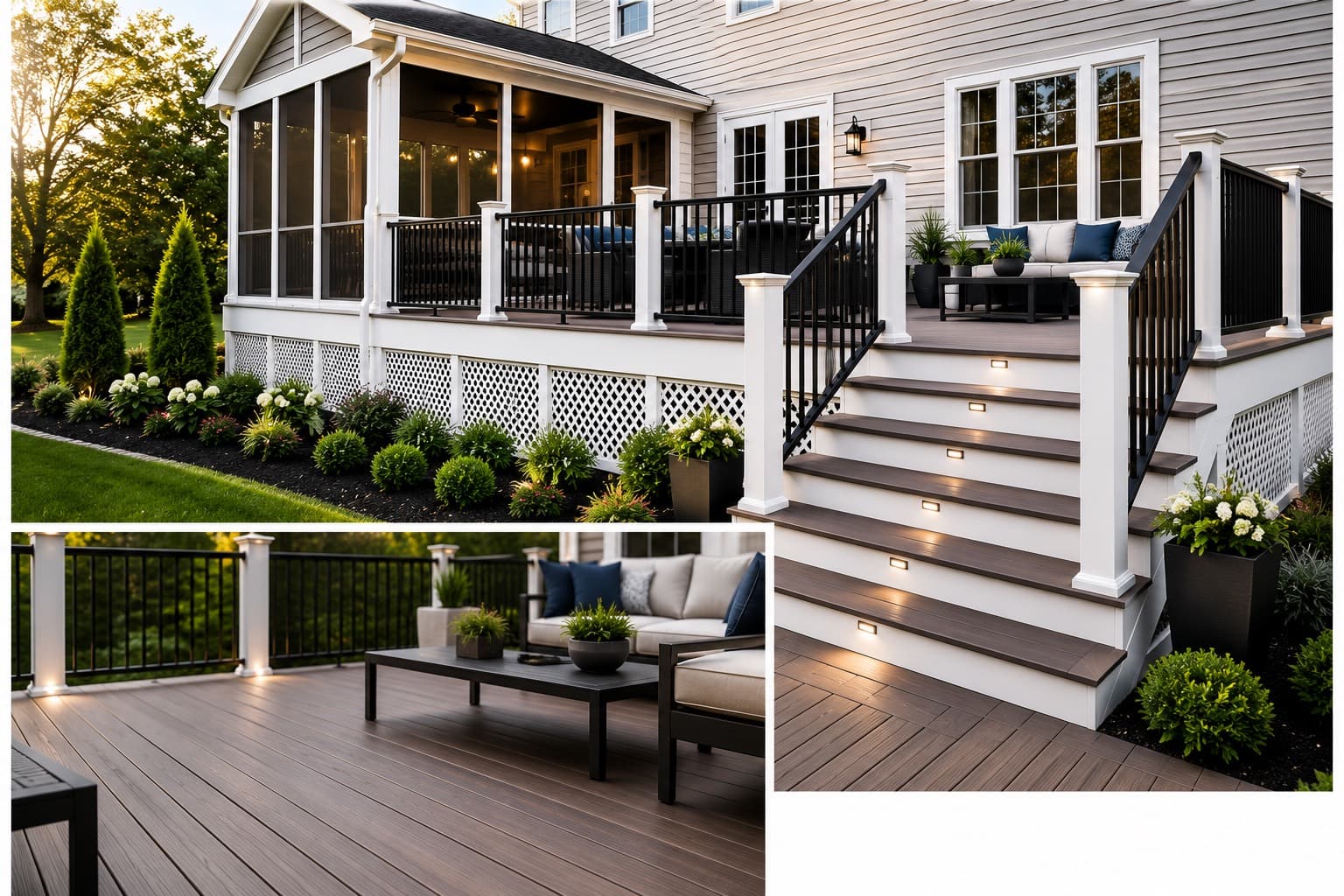 TimberTech composite deck with screened porch, black railings and step lighting built by Loudoun Decks in Northern Virginia