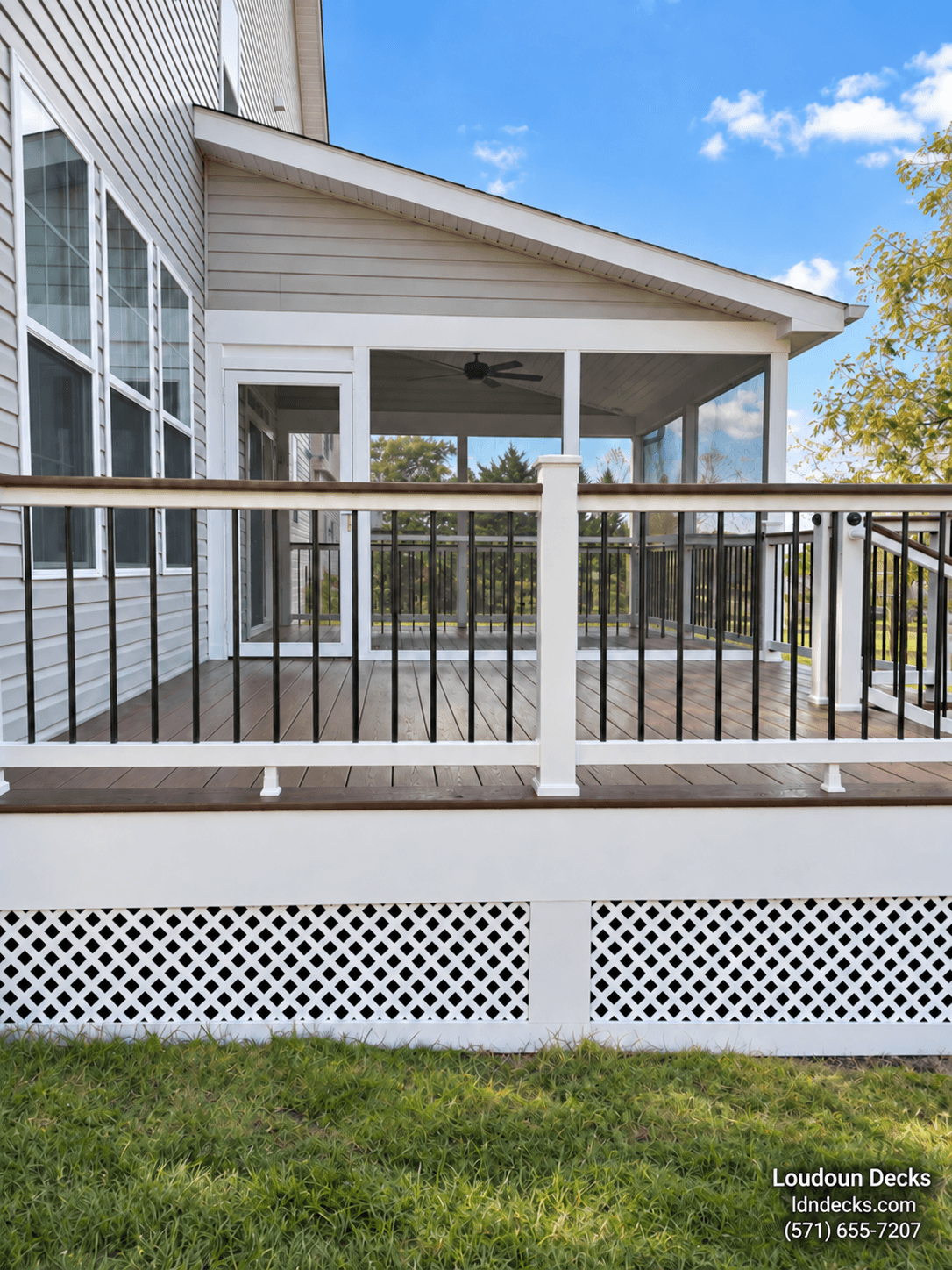 AI-retouched project photo: view across the open landing toward the screened porch entry.
