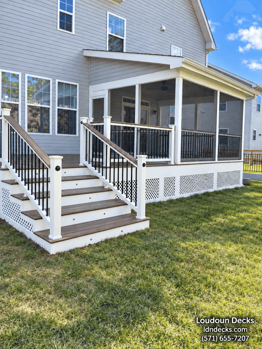 AI-retouched project photo: backyard stairs beside the screened porch and white lattice trim.