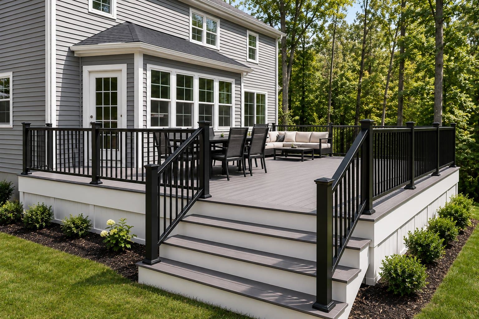 TimberTech deck with gray composite boards, black railings, wide stairs, and outdoor seating