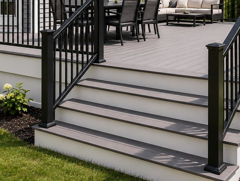 TimberTech deck stair and black railing detail with gray composite decking